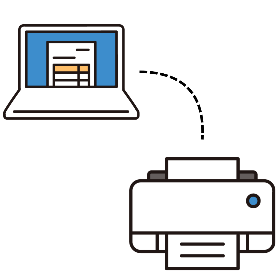 パソコンとプリンターを接続して決算書を印刷するイメージ図